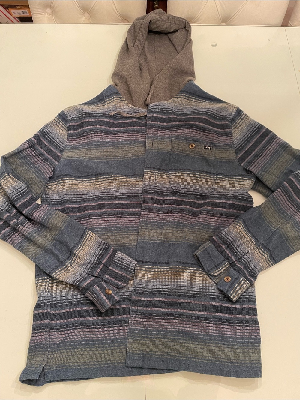 Billabong Striped Hooded Shirt Jacket in Blue, Gray and Pink Tones